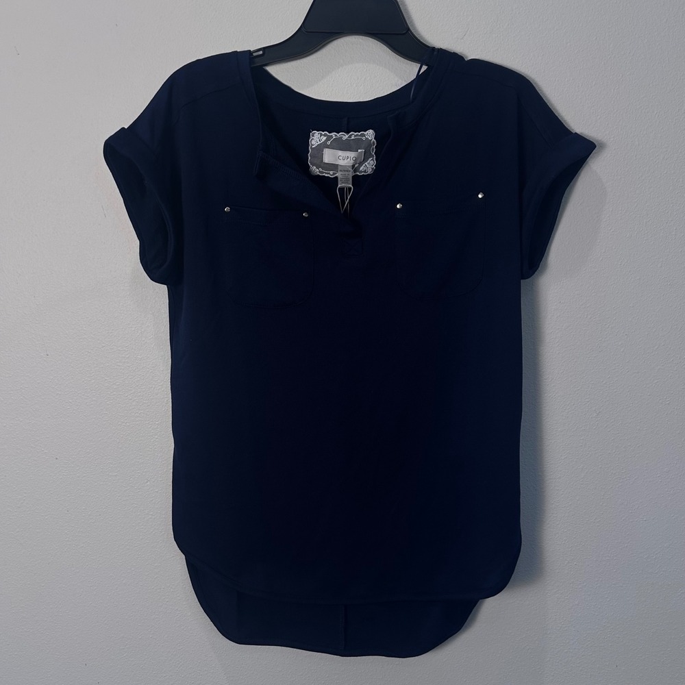 CUPio Navy Blue Short Sleeve Henley Pocket Shirt Top‎ Womens XS
